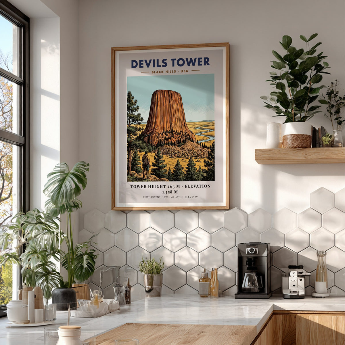 Poster featuring the iconic Devils Tower monolith with a hiker in the foreground.
