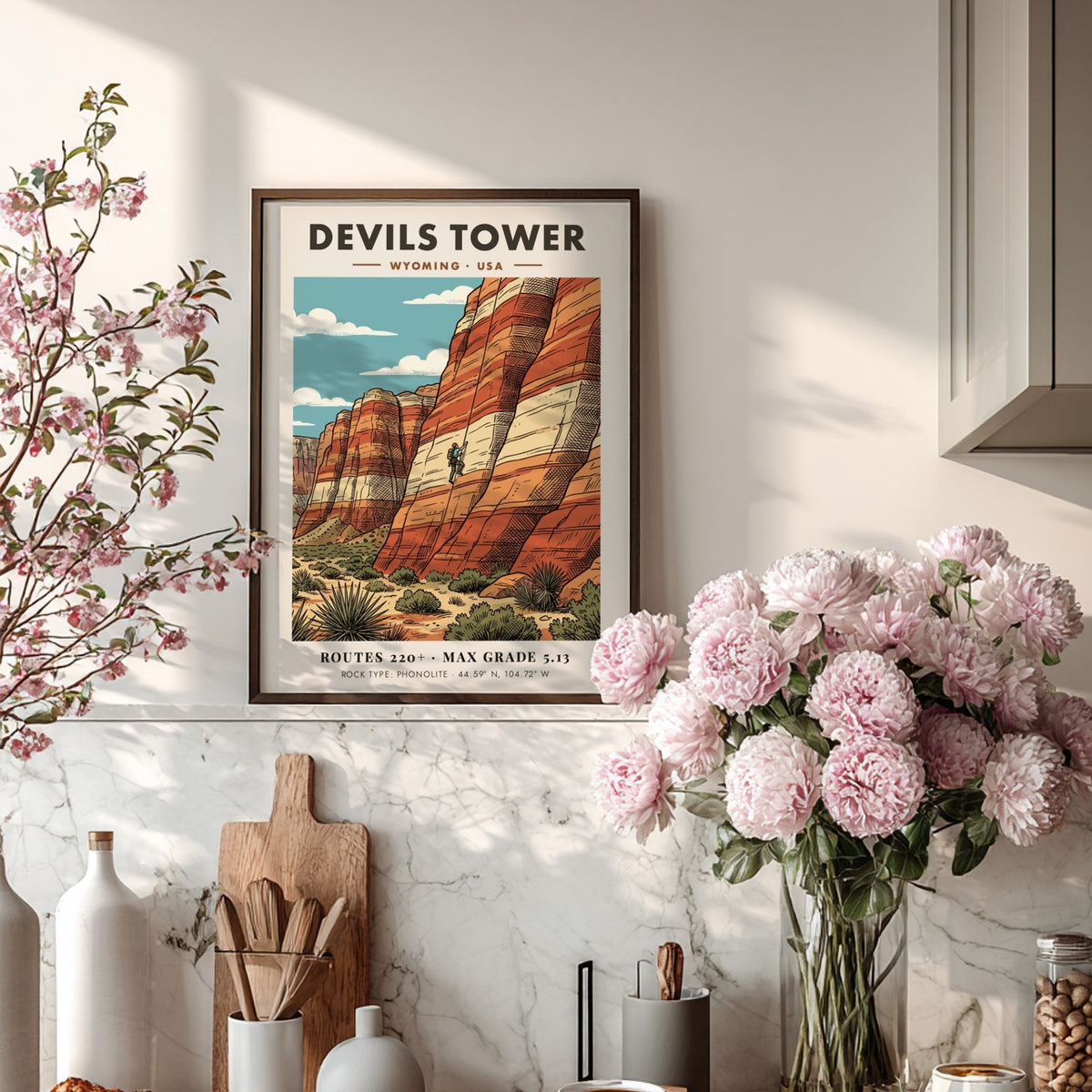Poster of Devils Tower in Wyoming featuring a rock climber on striped stone.