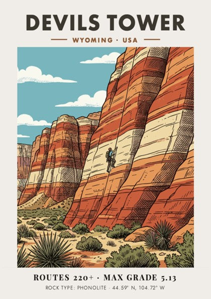 Poster of Devils Tower in Wyoming featuring a rock climber on striped stone.