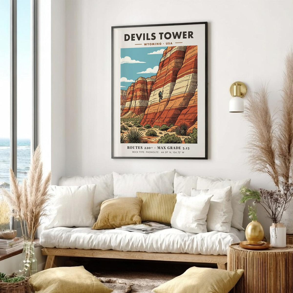 Poster of Devils Tower in Wyoming featuring a rock climber on striped stone.