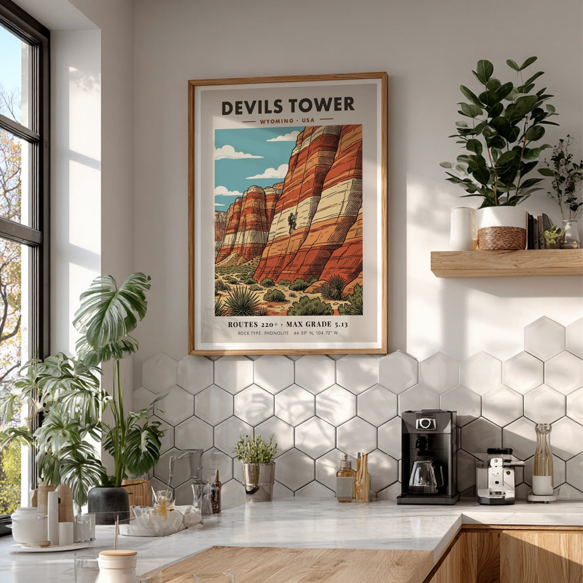 Poster of Devils Tower in Wyoming featuring a rock climber on striped stone.