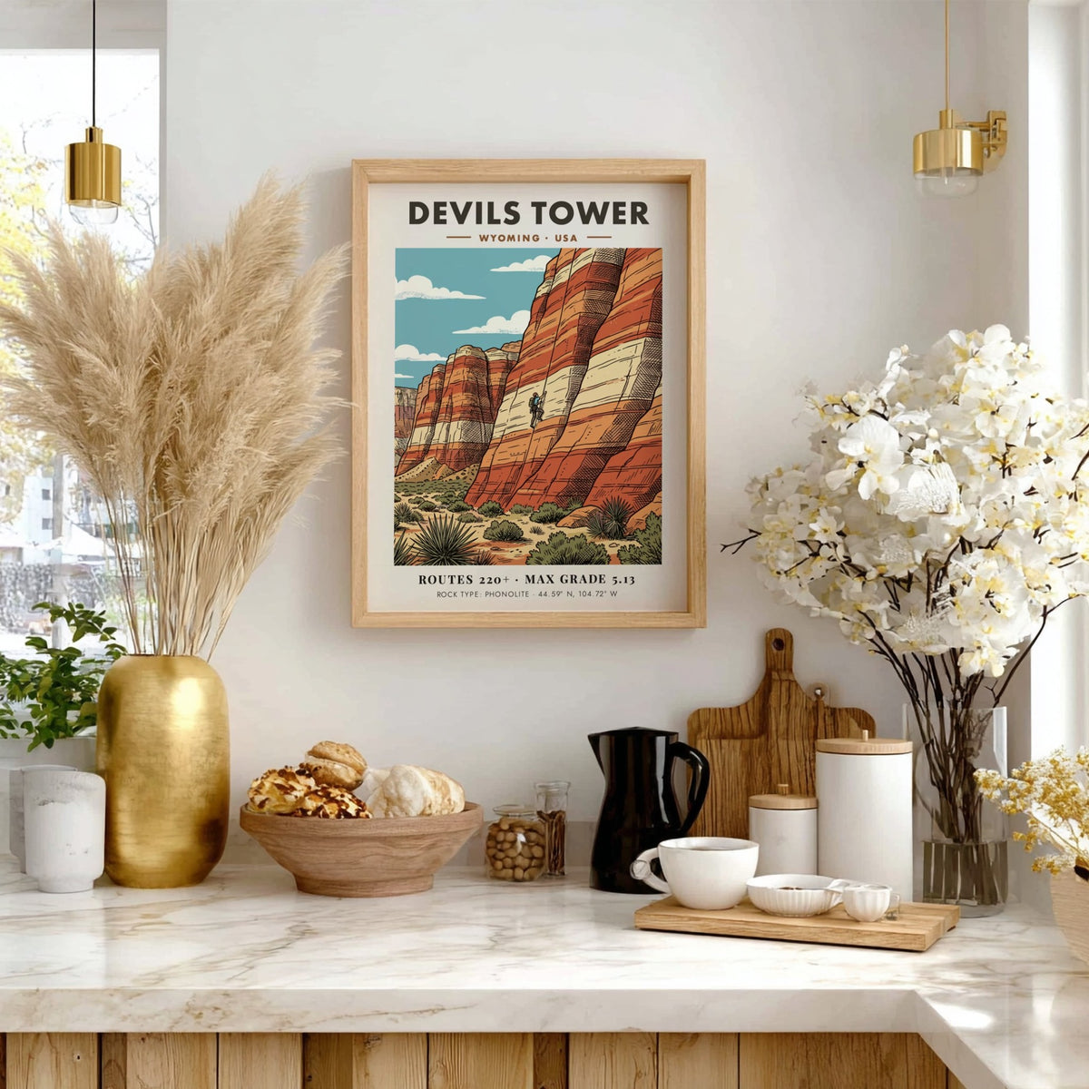 Poster of Devils Tower in Wyoming featuring a rock climber on striped stone.