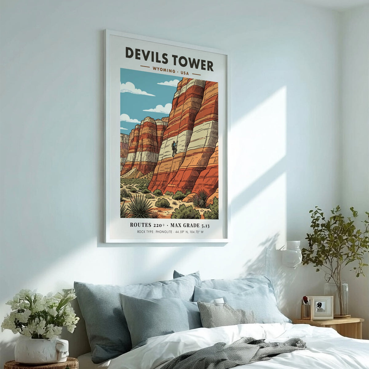 Poster of Devils Tower in Wyoming featuring a rock climber on striped stone.