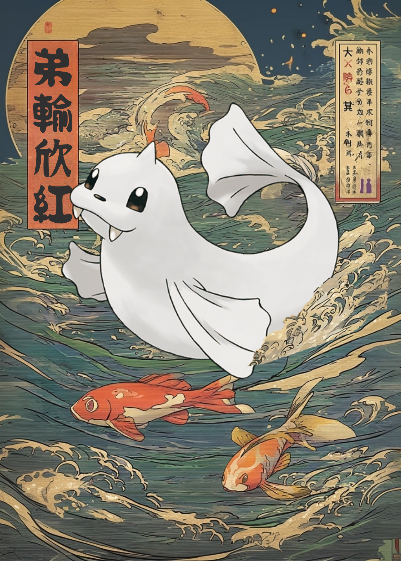 Dewgong Pokemon with goldfish in a stylized wave design with traditional elements