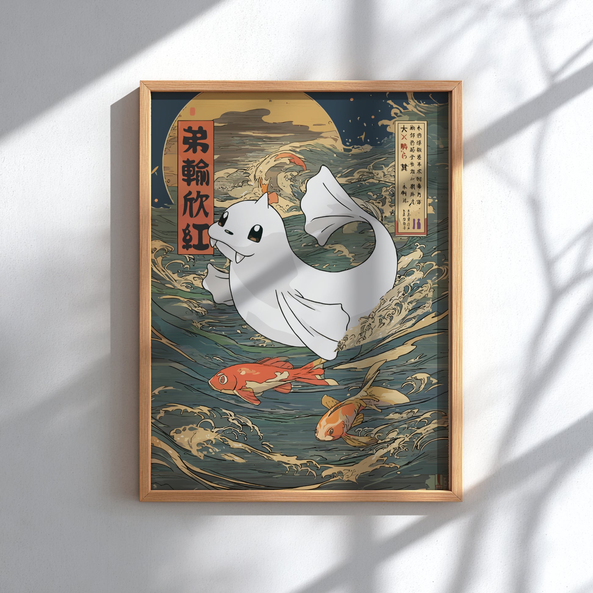 Framed artwork with Dewgong Pokemon and koi fish design on a wave background
