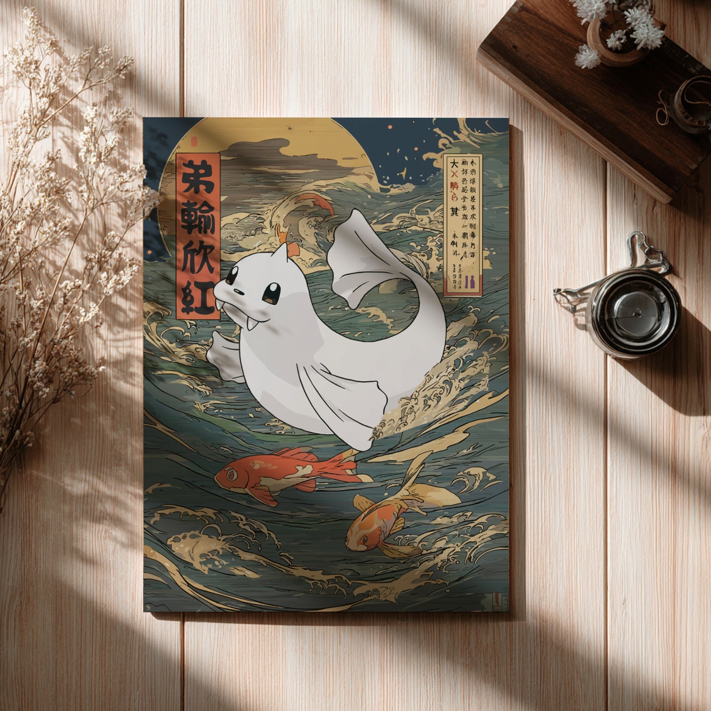 Decorative book with Dewgong Pokemon and koi fish design on a wooden surface