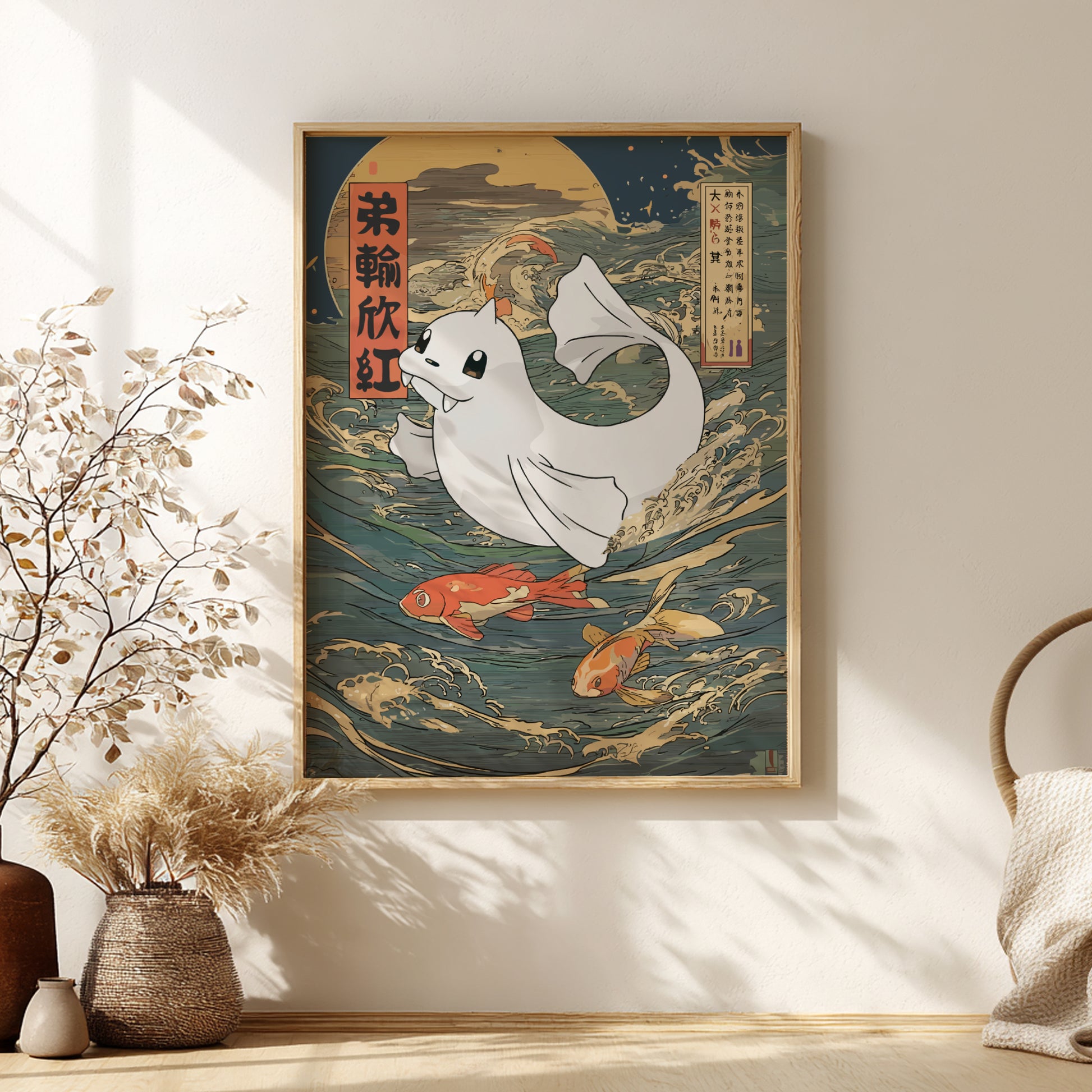 Framed artwork of Dewgong Pokemon with koi fish on a wall in a room with decorative elements.