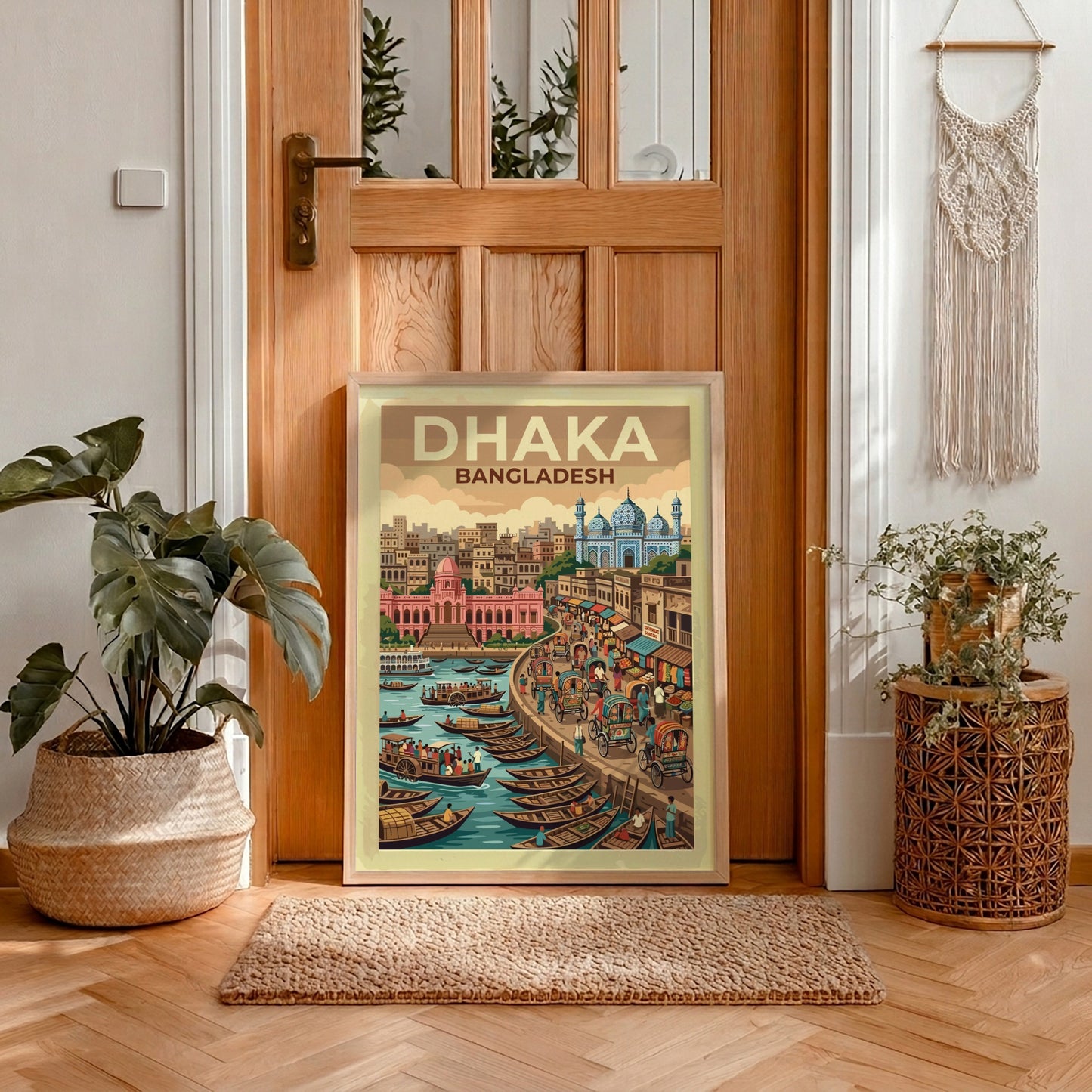 Travel poster of Dhaka Bangladesh showing a busy riverfront with traditional boats, rickshaws, and mosques.