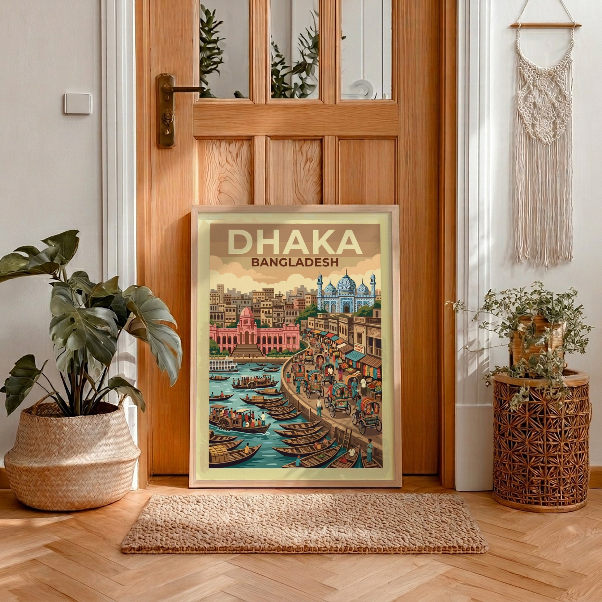 Travel poster of Dhaka Bangladesh showing a busy riverfront with traditional boats, rickshaws, and mosques.