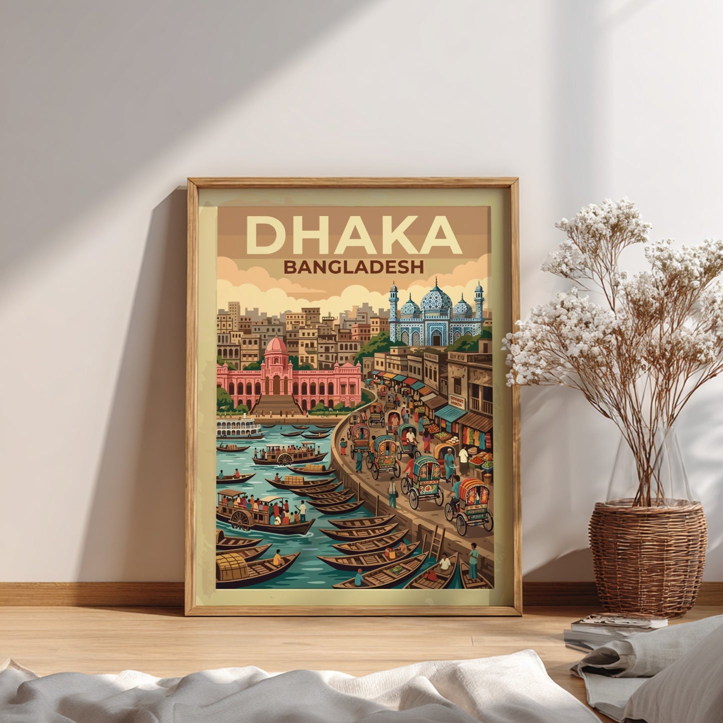 Travel poster of Dhaka Bangladesh showing a busy riverfront with traditional boats, rickshaws, and mosques.