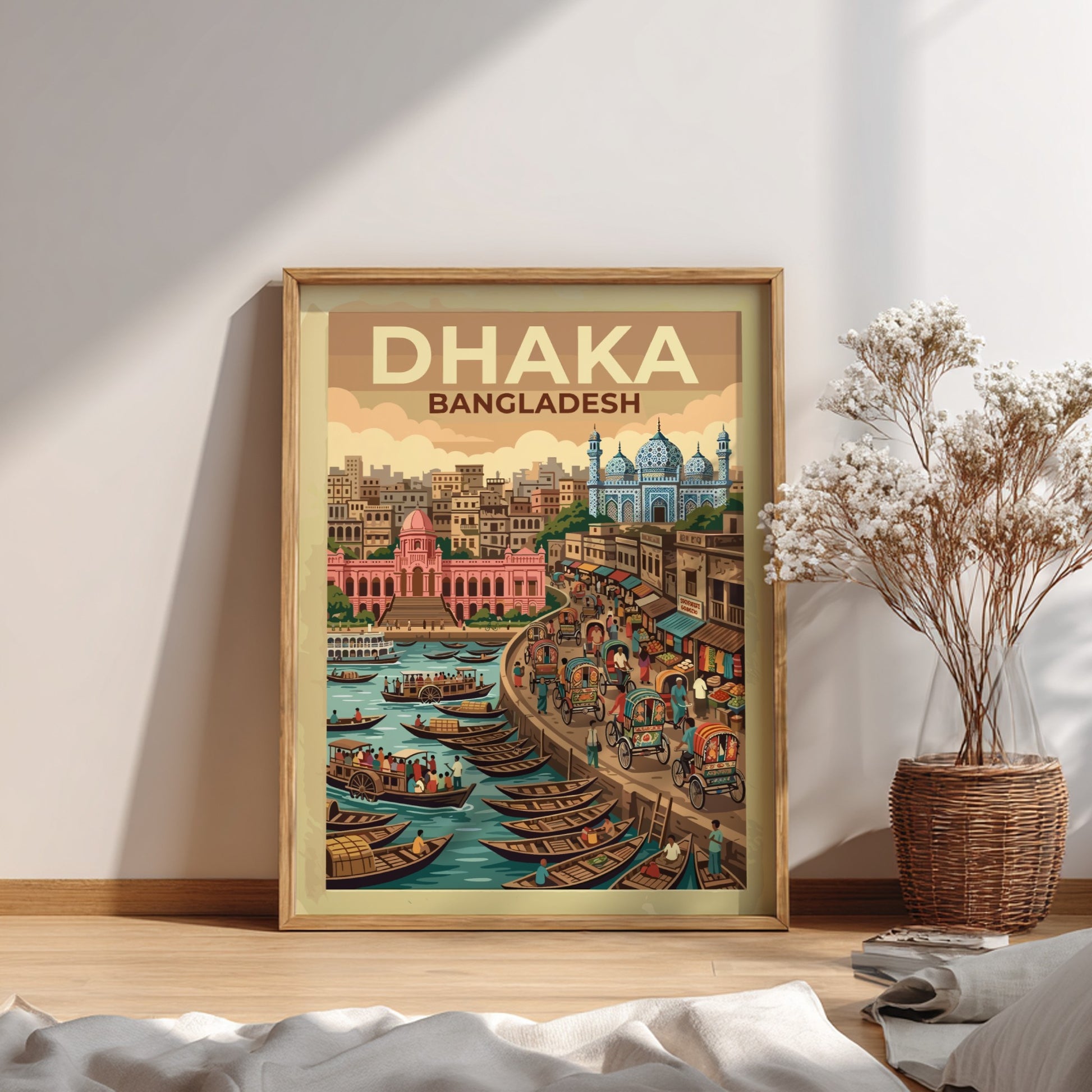Travel poster of Dhaka Bangladesh showing a busy riverfront with traditional boats, rickshaws, and mosques.