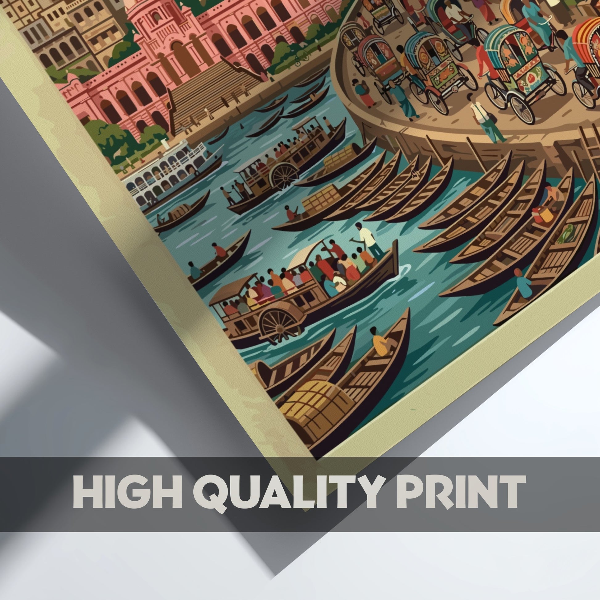 Travel poster of Dhaka Bangladesh showing a busy riverfront with traditional boats, rickshaws, and mosques.