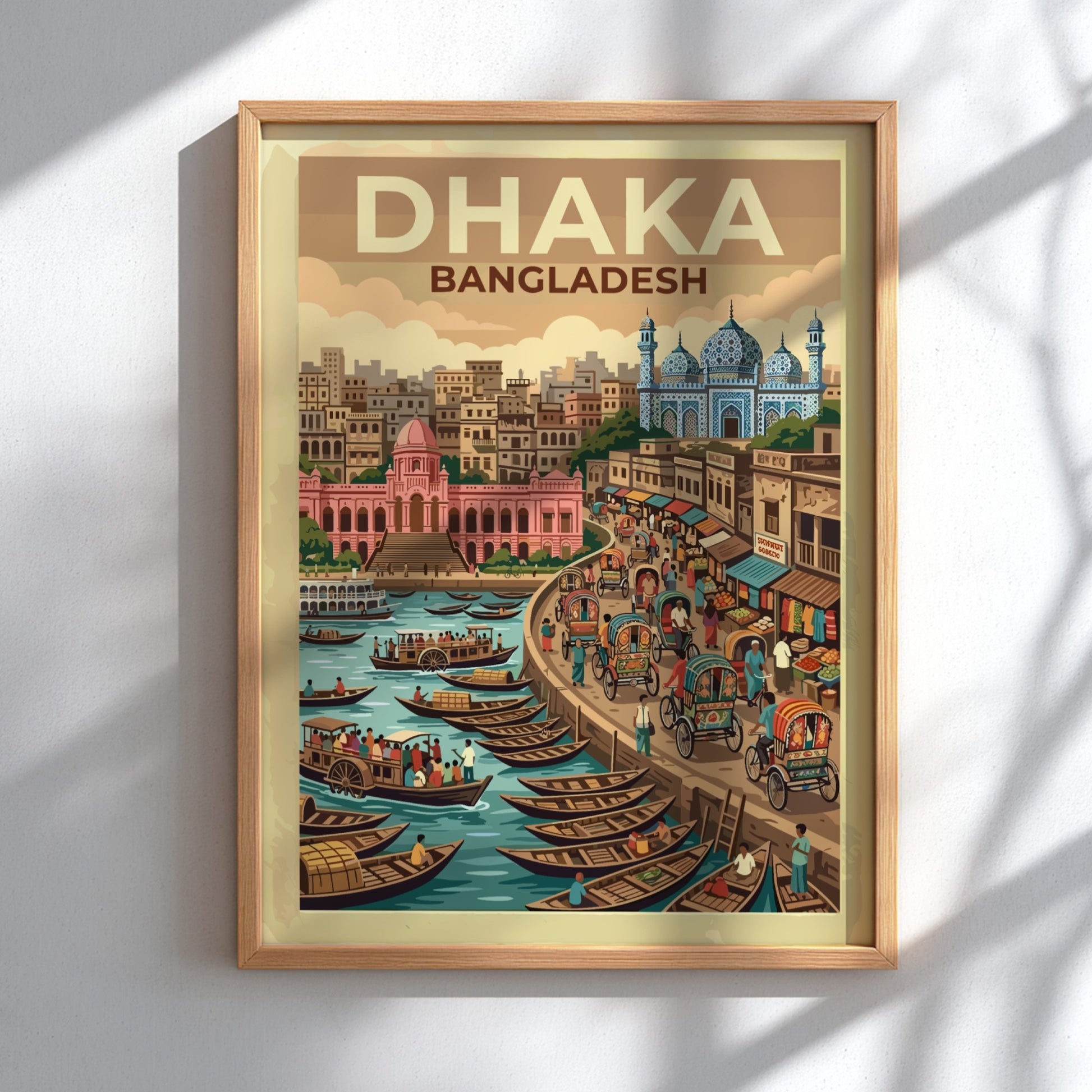 Travel poster of Dhaka Bangladesh showing a busy riverfront with traditional boats, rickshaws, and mosques.
