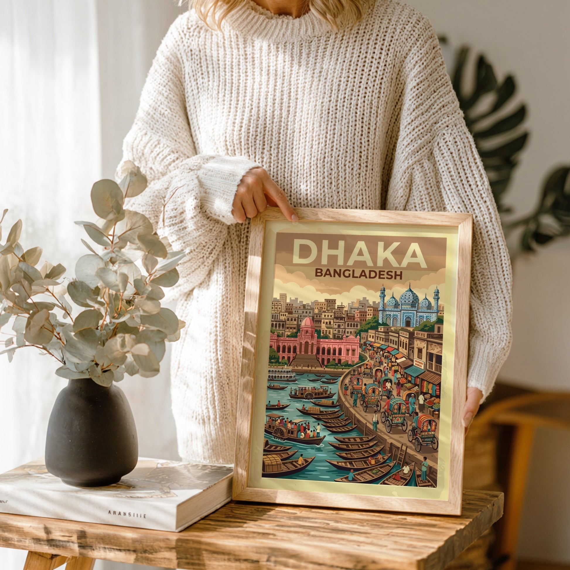 Travel poster of Dhaka Bangladesh showing a busy riverfront with traditional boats, rickshaws, and mosques.