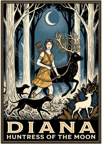 Poster featuring Diana Huntress of the Moon walking with a stag through forest.