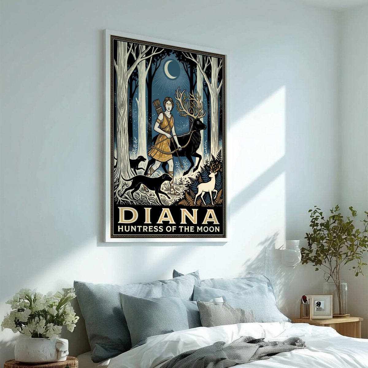 Poster featuring Diana Huntress of the Moon walking with a stag through forest.