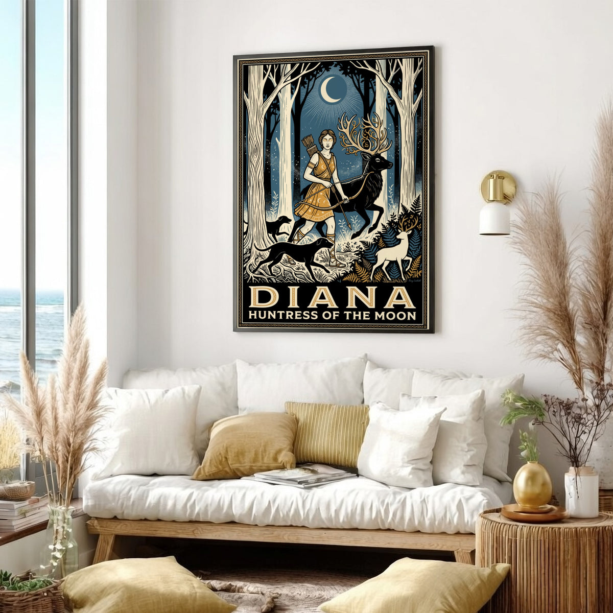 Poster featuring Diana Huntress of the Moon walking with a stag through forest.