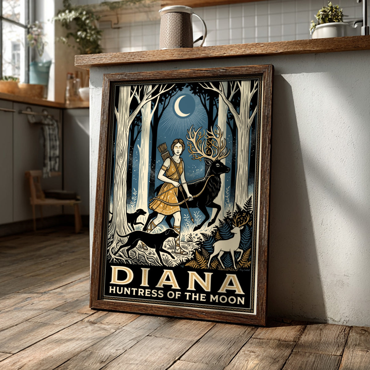 Poster featuring Diana Huntress of the Moon walking with a stag through forest.