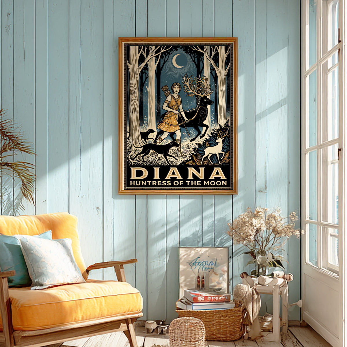 Poster featuring Diana Huntress of the Moon walking with a stag through forest.