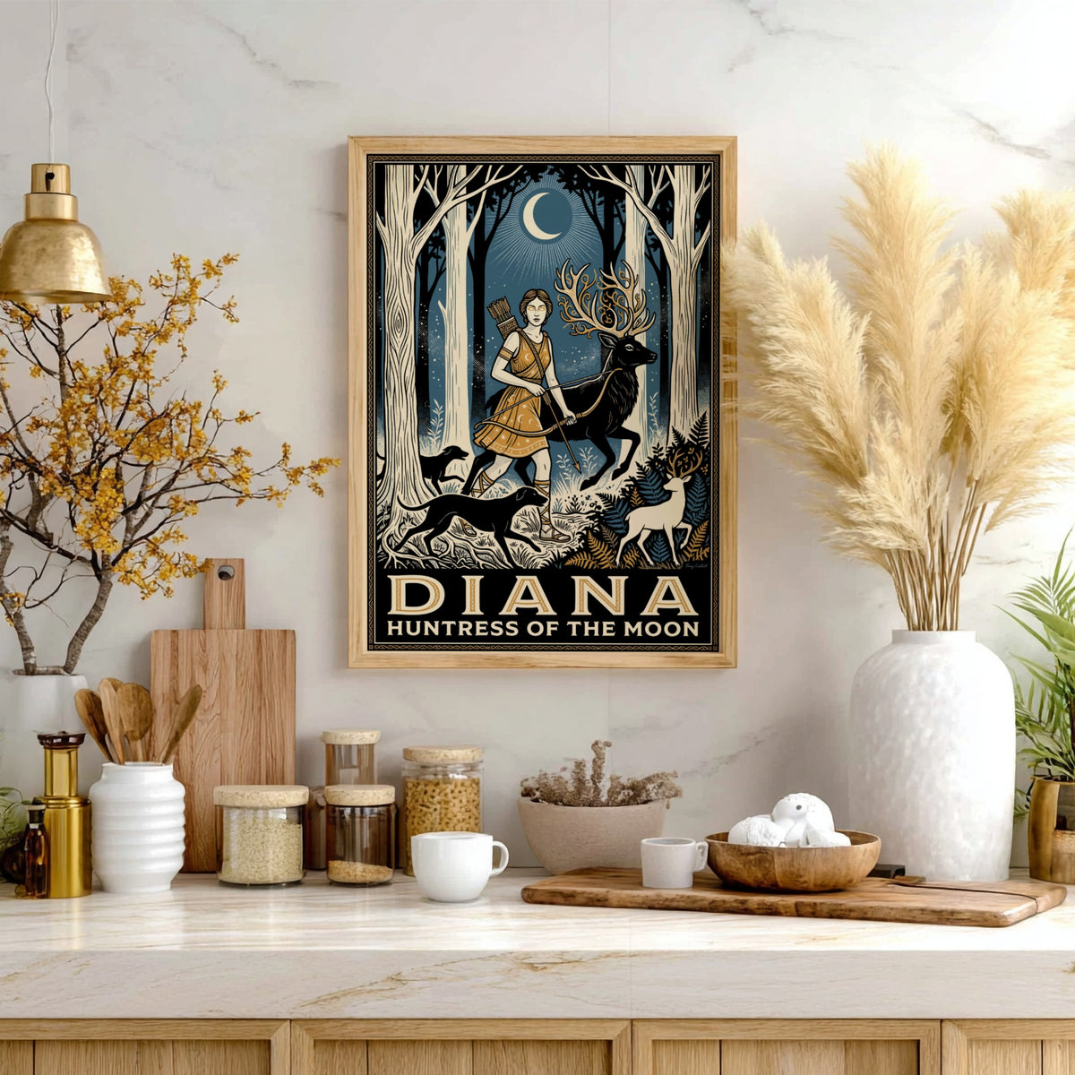 Poster featuring Diana Huntress of the Moon walking with a stag through forest.