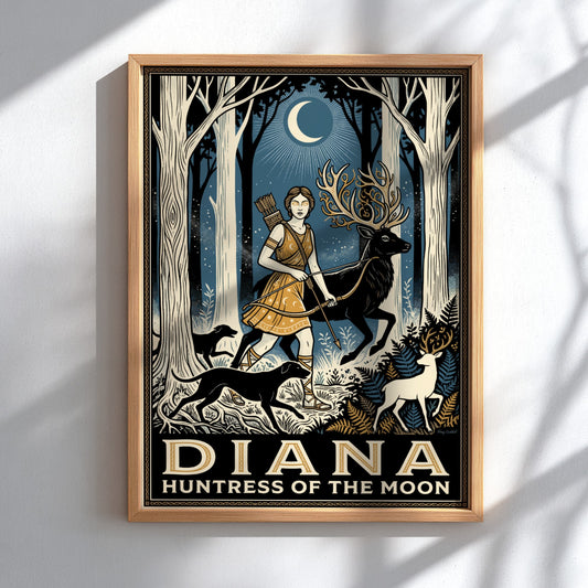 Poster featuring Diana Huntress of the Moon walking with a stag through forest.