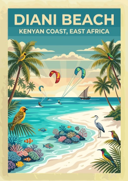 Travel poster of Diani Beach with palm trees, tropical birds, and kite surfers.