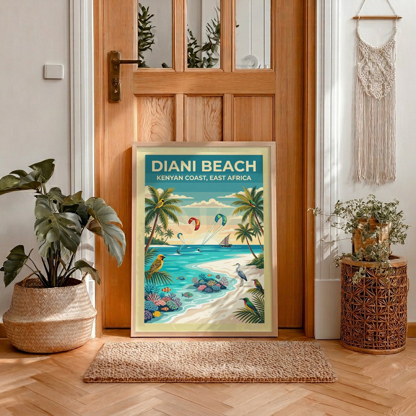 Travel poster of Diani Beach with palm trees, tropical birds, and kite surfers.