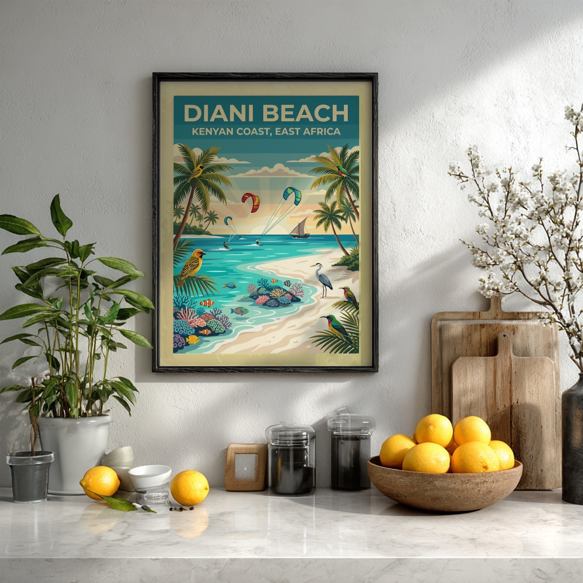 Travel poster of Diani Beach with palm trees, tropical birds, and kite surfers.