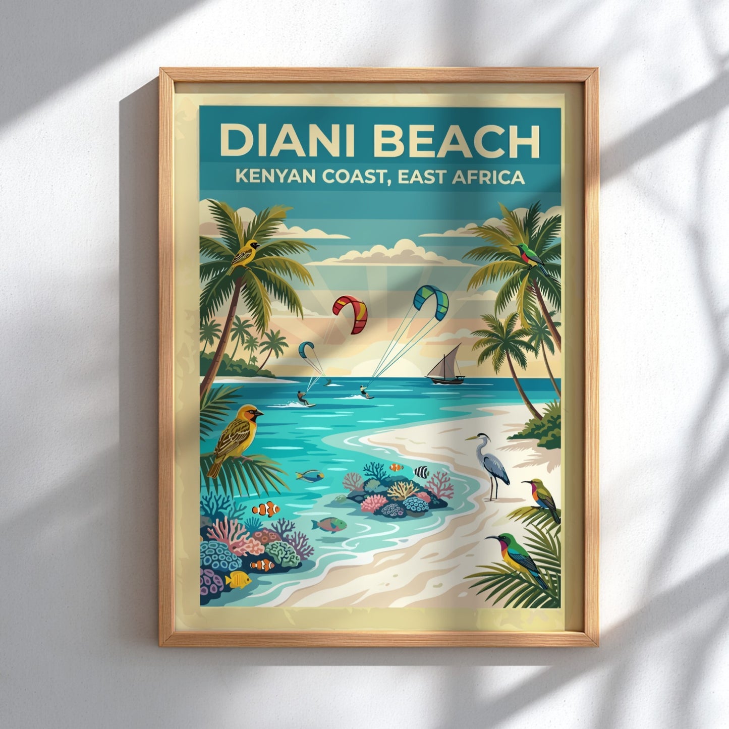 Travel poster of Diani Beach with palm trees, tropical birds, and kite surfers.