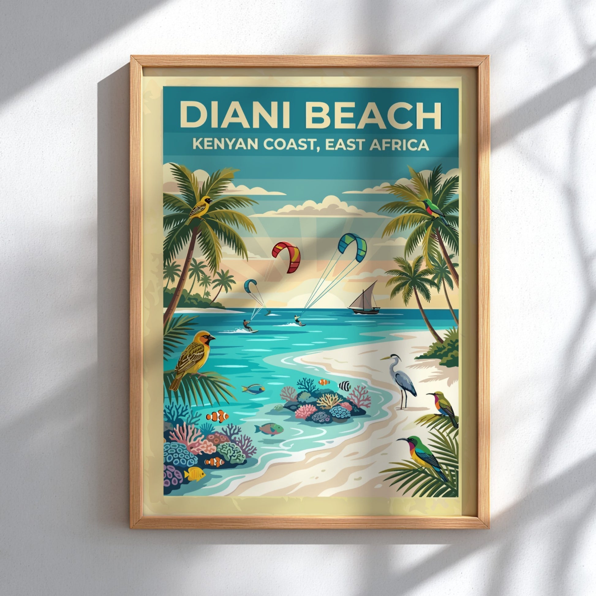 Travel poster of Diani Beach with palm trees, tropical birds, and kite surfers.