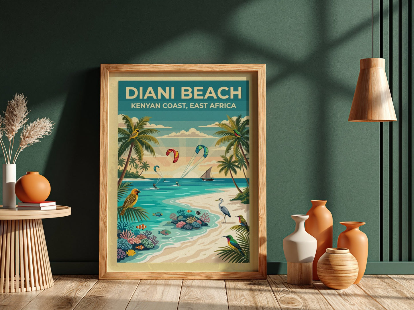 Travel poster of Diani Beach with palm trees, tropical birds, and kite surfers.