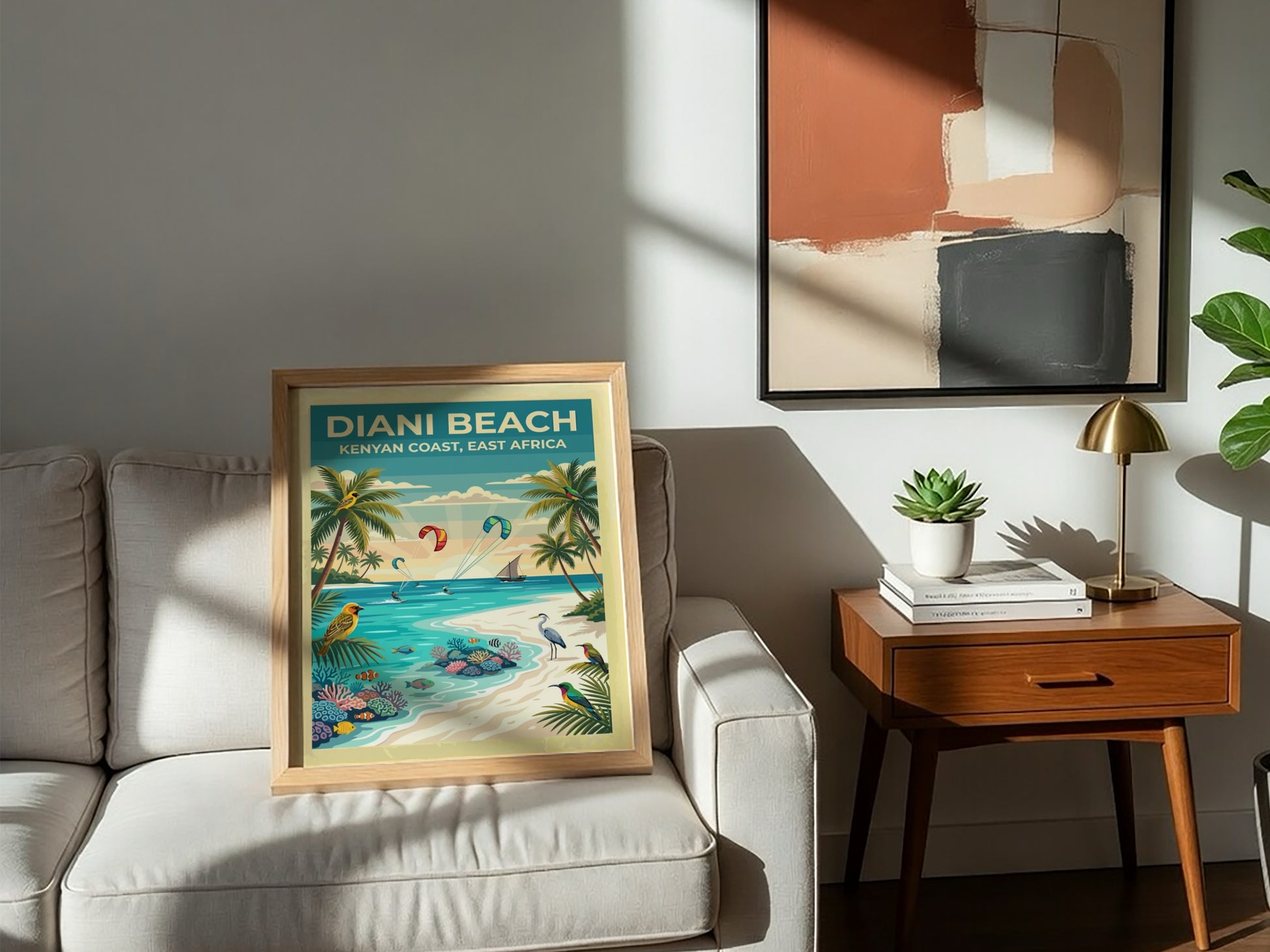 Travel poster of Diani Beach with palm trees, tropical birds, and kite surfers.