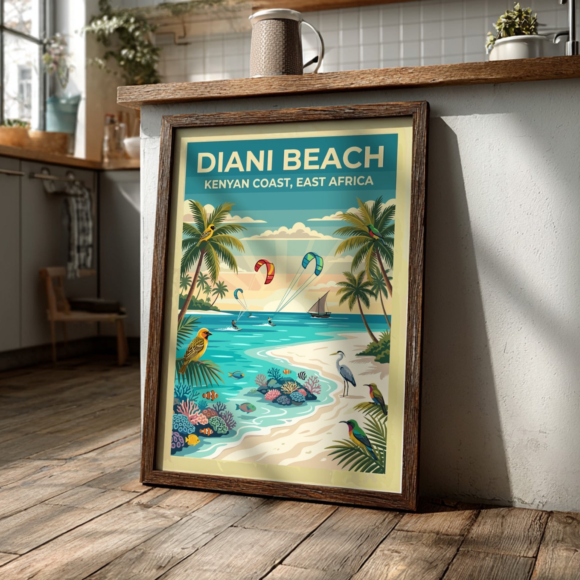 Travel poster of Diani Beach with palm trees, tropical birds, and kite surfers.