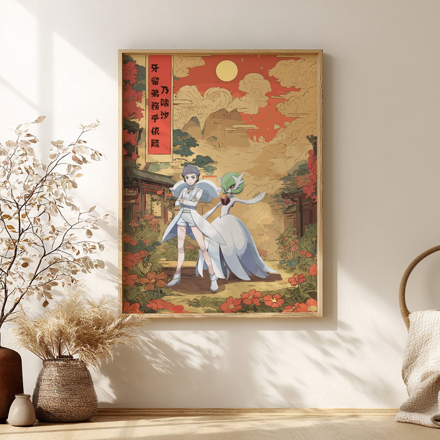 Framed artwork of a traditional Japanese scene with Diantha and Gardevoir Pokemon in a garden, placed on a wall.
