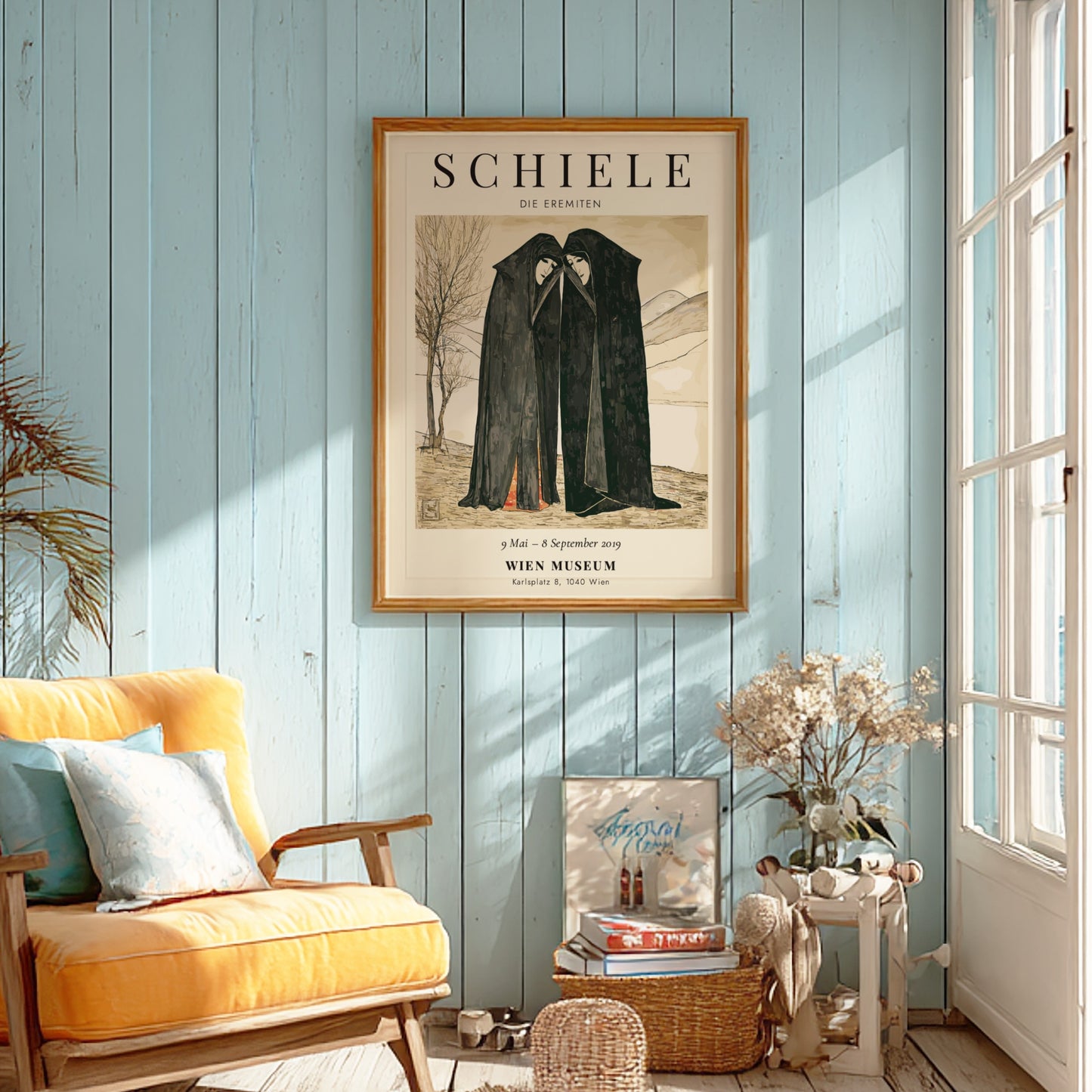 Egon Schiele exhibition poster featuring Die Eremiten with muted colors and two figures in dark robes