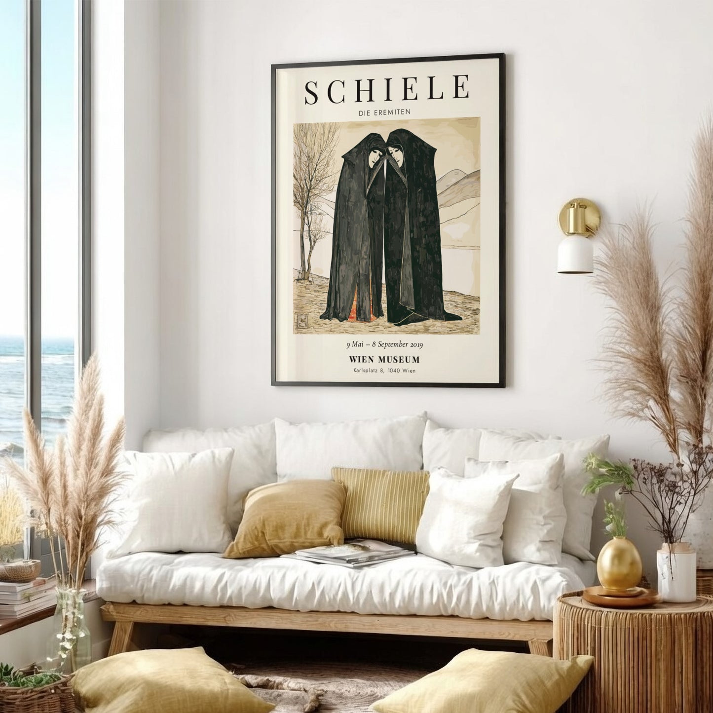 Egon Schiele exhibition poster featuring Die Eremiten with muted colors and two figures in dark robes