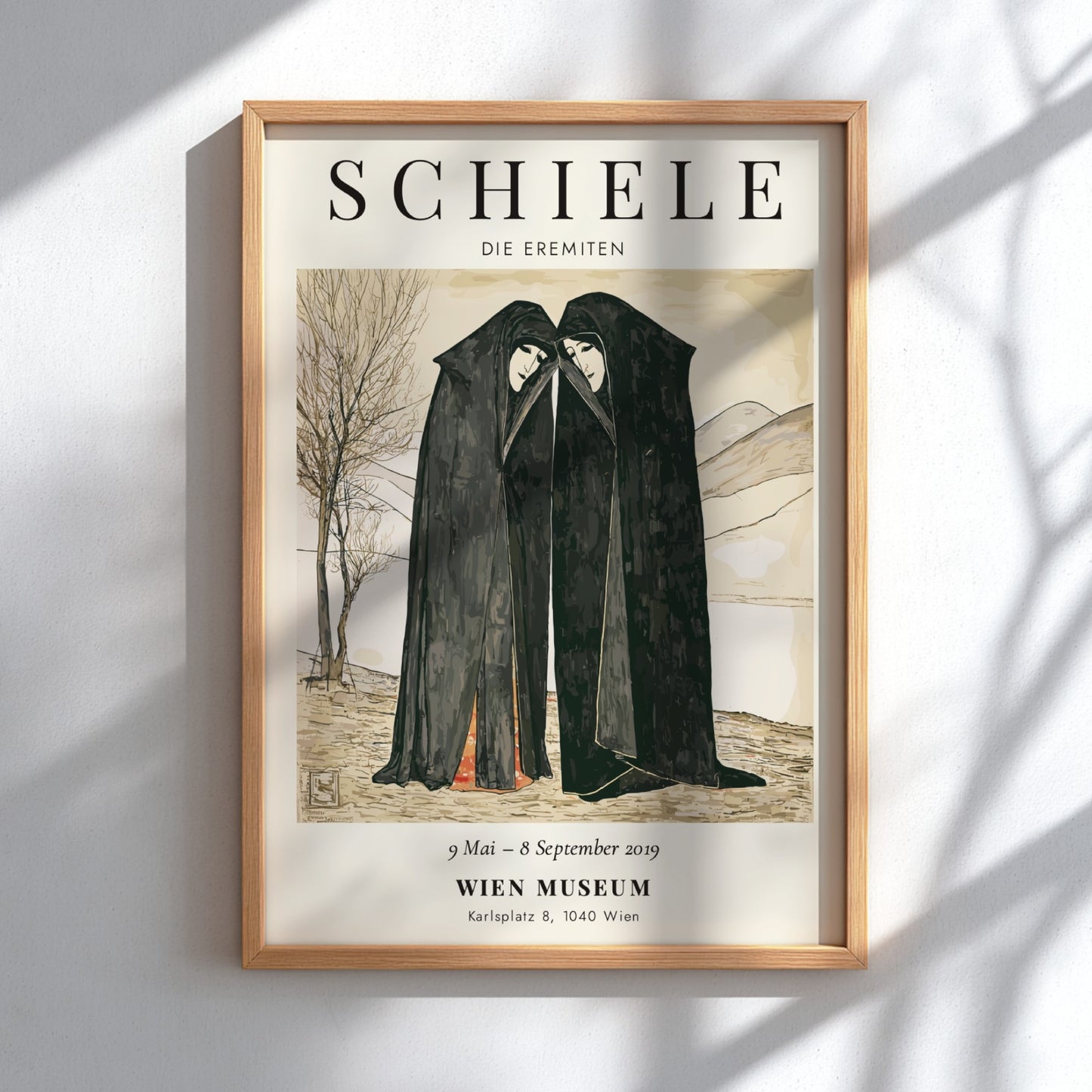 Egon Schiele exhibition poster featuring Die Eremiten with muted colors and two figures in dark robes