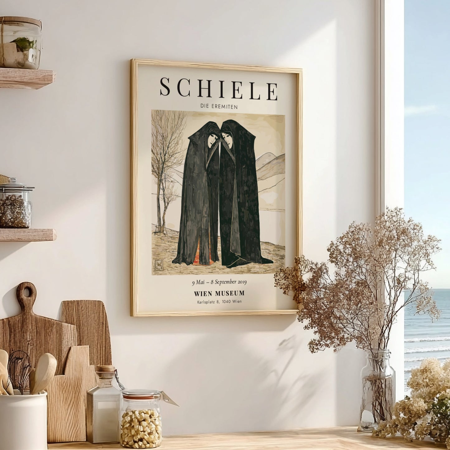 Egon Schiele exhibition poster featuring Die Eremiten with muted colors and two figures in dark robes