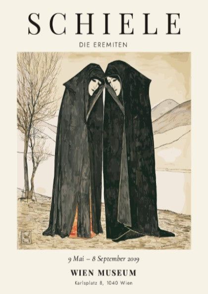 Egon Schiele exhibition poster featuring Die Eremiten with muted colors and two figures in dark robes