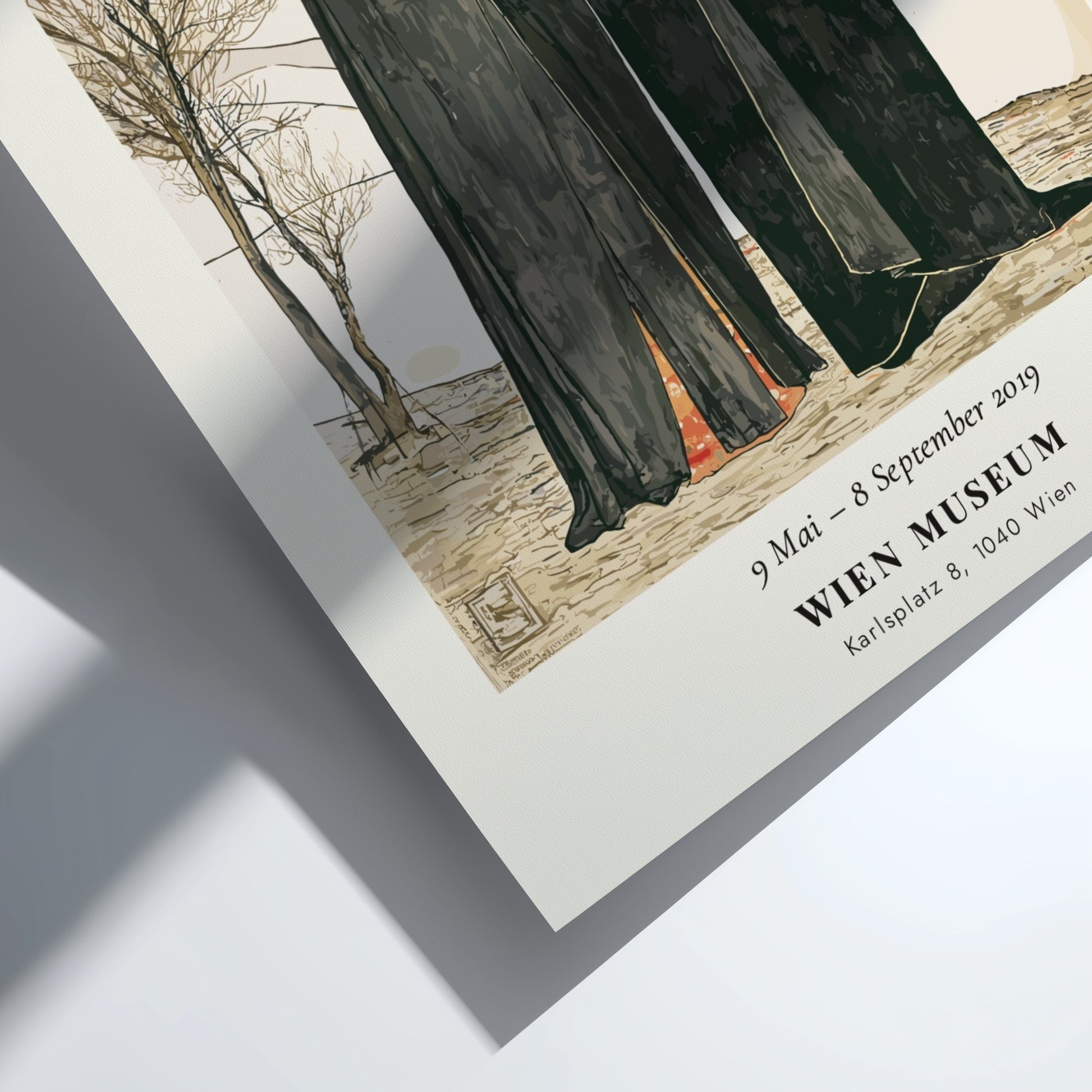 Egon Schiele exhibition poster featuring Die Eremiten with muted colors and two figures in dark robes