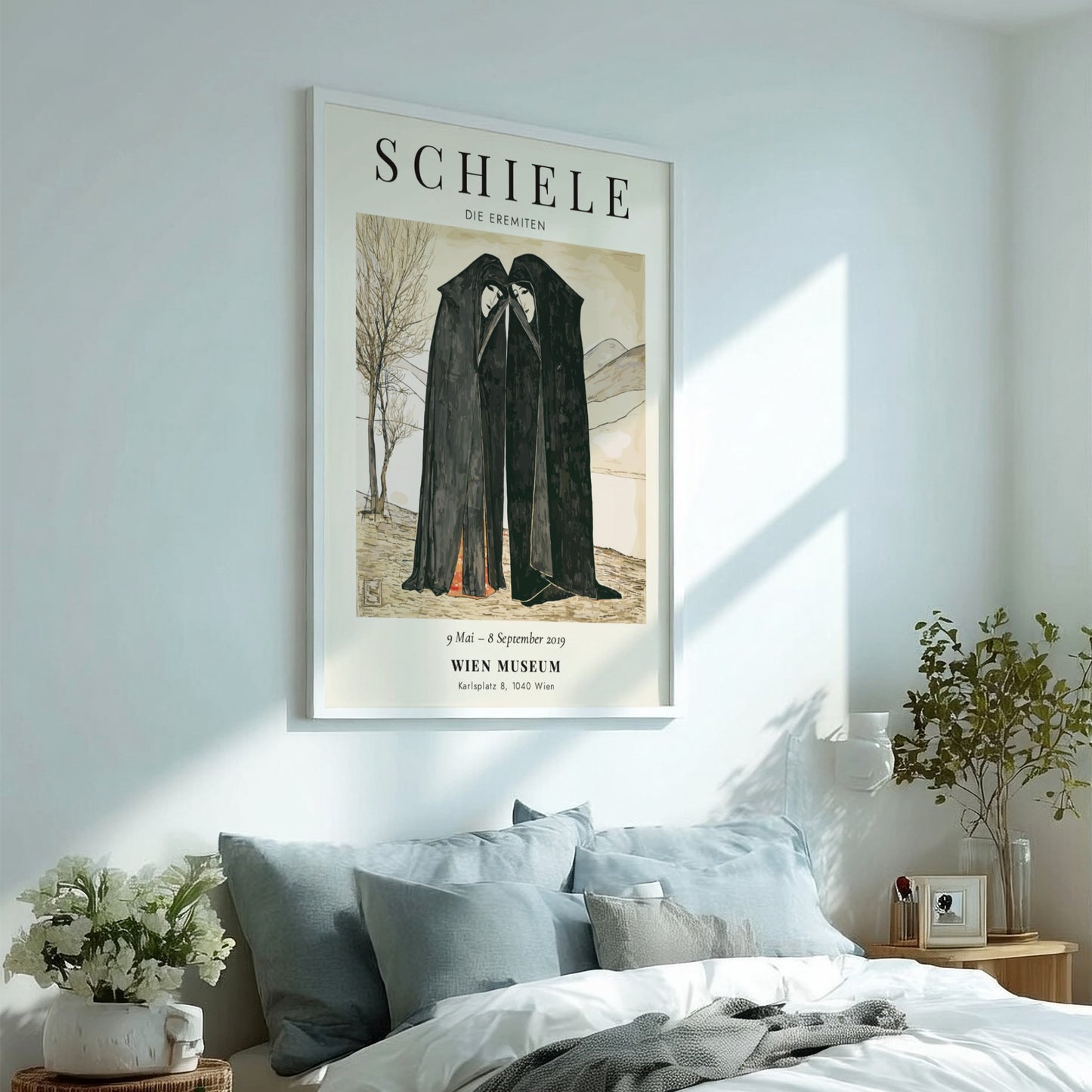 Egon Schiele exhibition poster featuring Die Eremiten with muted colors and two figures in dark robes