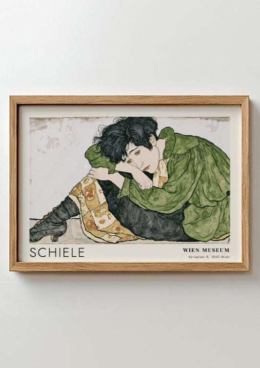 Wall art poster featuring Egon Schiele Die Eremiten with a figure in green.