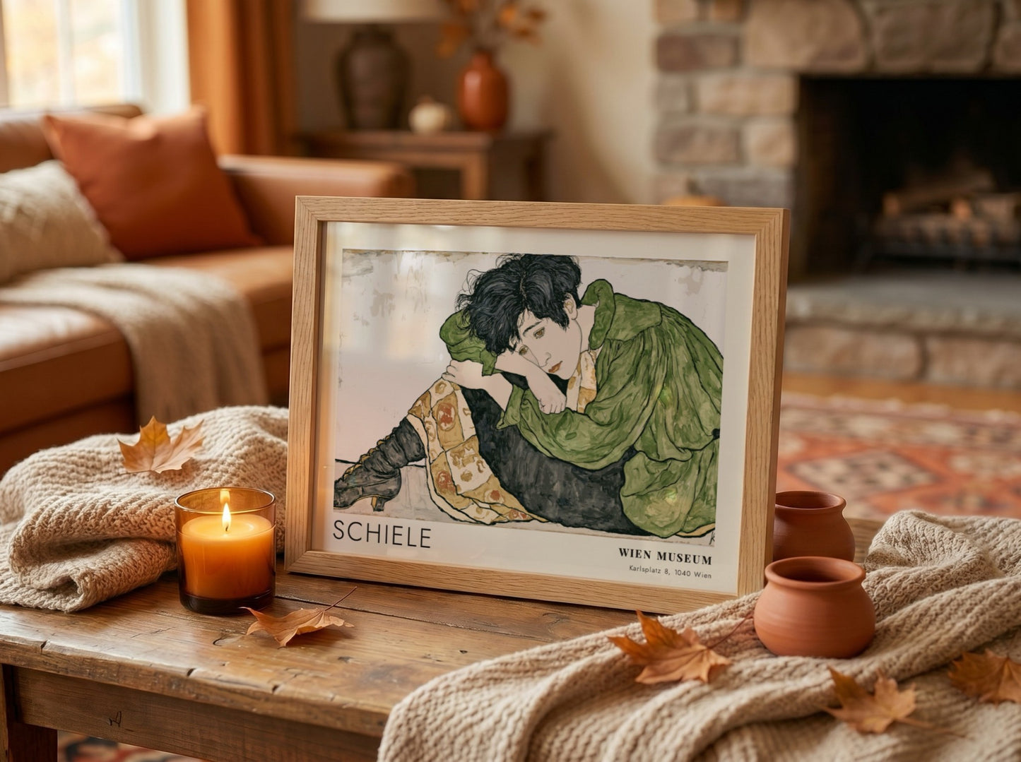 Wall art poster featuring Egon Schiele Die Eremiten with a figure in green.