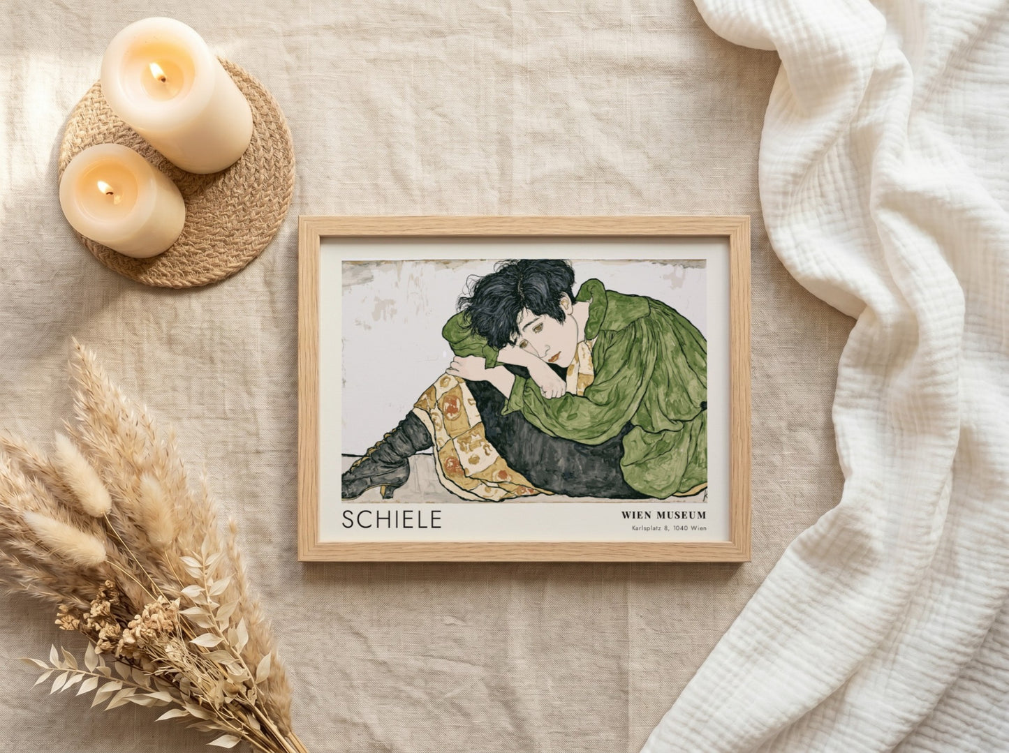 Wall art poster featuring Egon Schiele Die Eremiten with a figure in green.