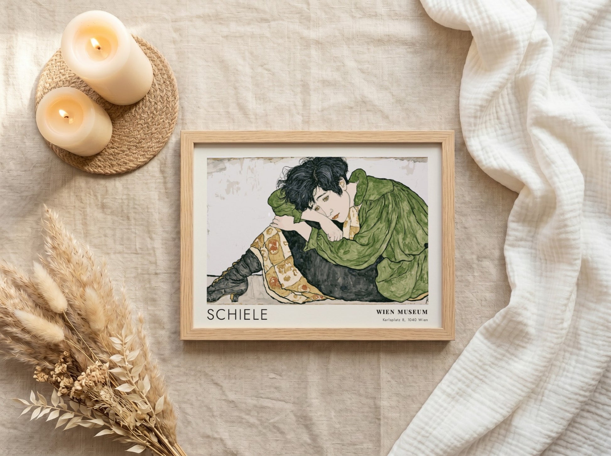 Wall art poster featuring Egon Schiele Die Eremiten with a figure in green.