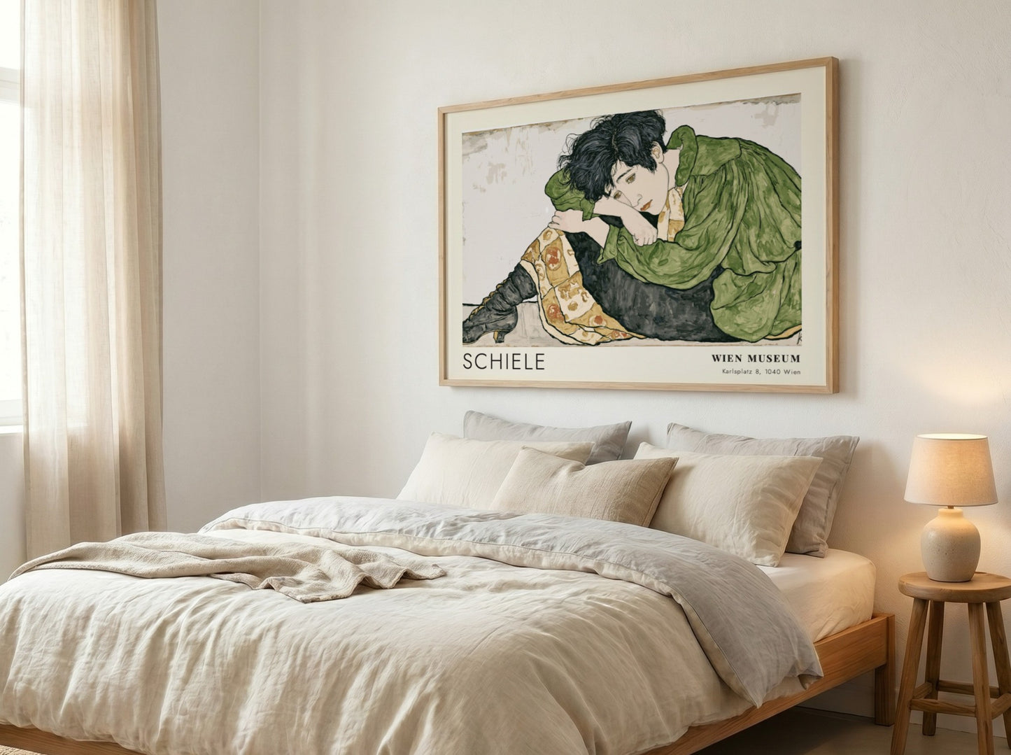 Wall art poster featuring Egon Schiele Die Eremiten with a figure in green.