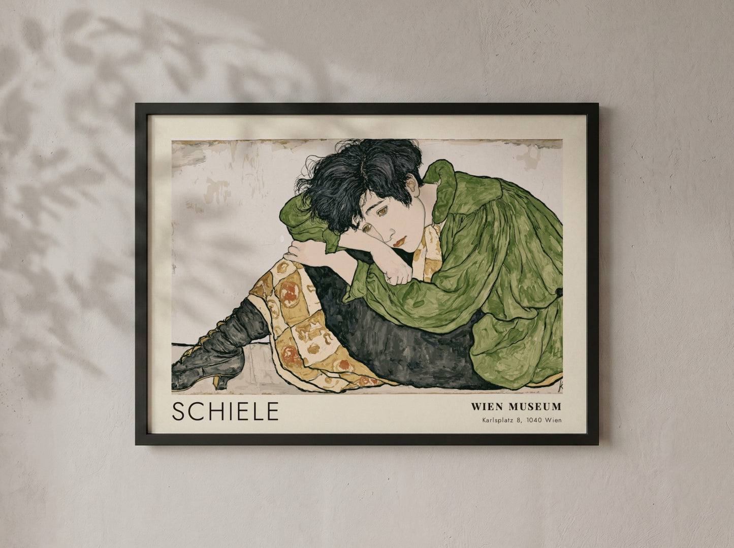 Wall art poster featuring Egon Schiele Die Eremiten with a figure in green.