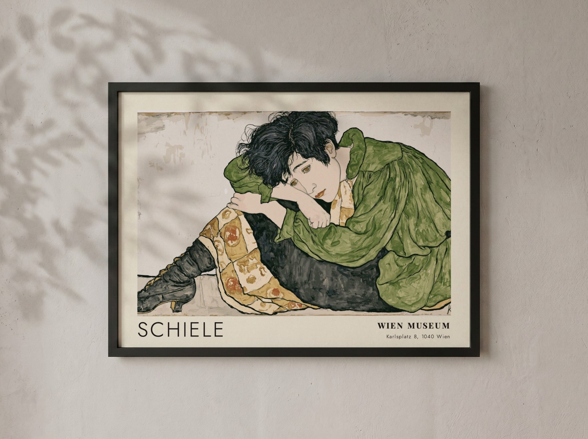 Wall art poster featuring Egon Schiele Die Eremiten with a figure in green.