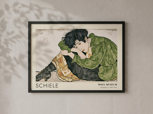 Wall art poster featuring Egon Schiele Die Eremiten with a figure in green.