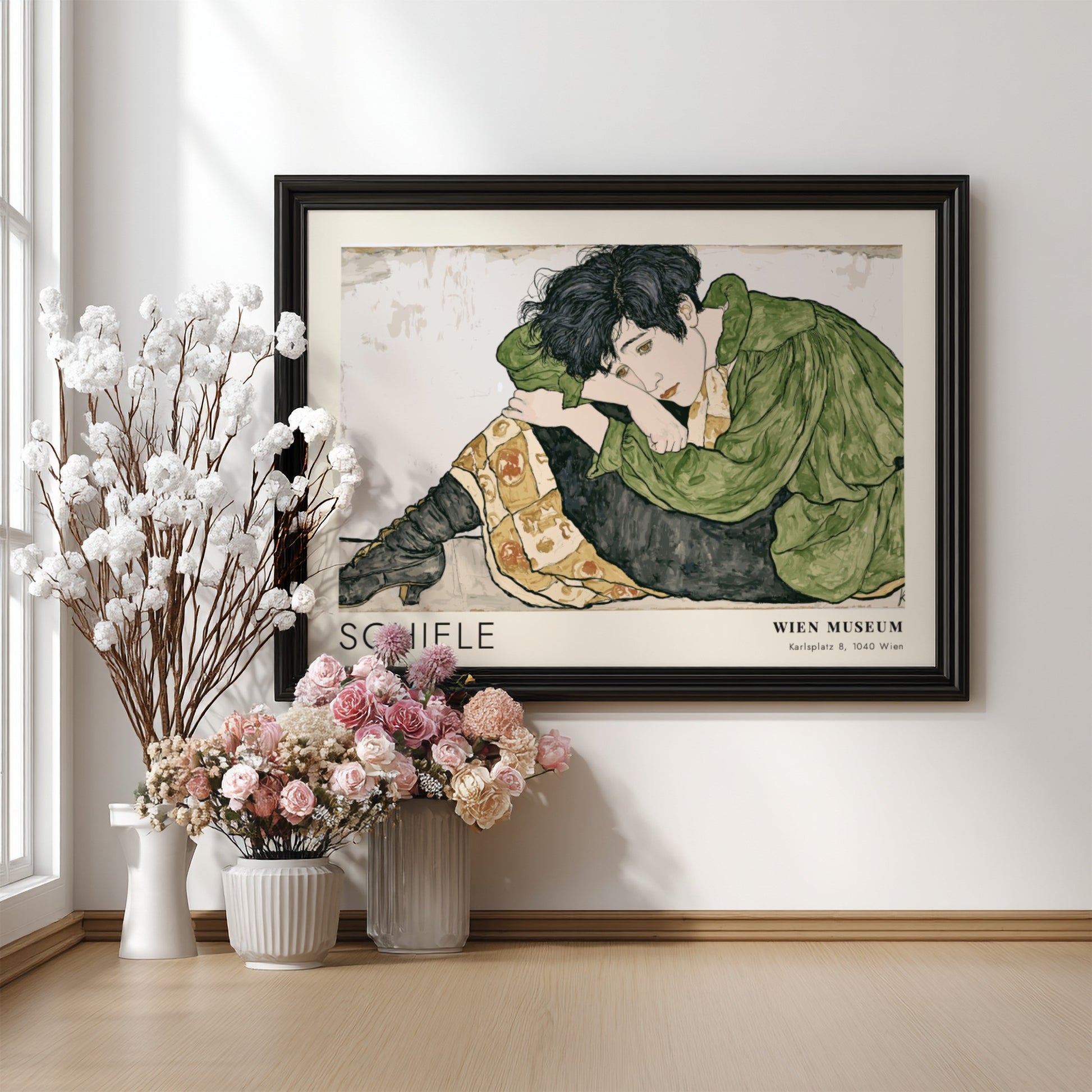 Wall art poster featuring Egon Schiele Die Eremiten with a figure in green.